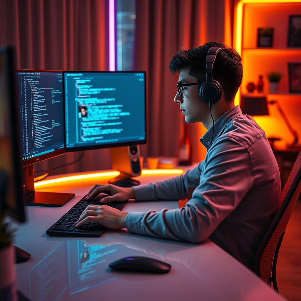 Developer coding with an AI assistant on dual monitors